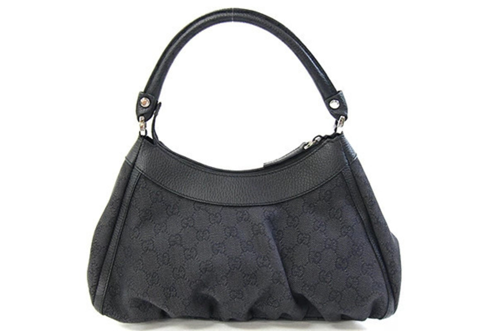 Gucci Hobo Abbey One Black Semi GG Handle Bag Canvas Shoulder Leather Black